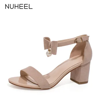 

NUHEEL women's shoes summer new word buckle pearl bow thick heel sandals fairy style shoes women женская обувь