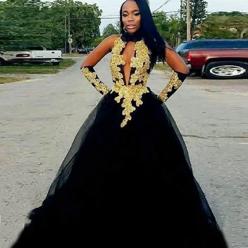

Deep V Neck Black and Gold Evening Dresses 2020 Abendkleider Dubai African Prom Dress Long Lace Women Party Gowns