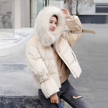 

2018 high quality women winter big fur hooded collar coat female outerwear ladies warm short basic jacket slim jaqueta feminina