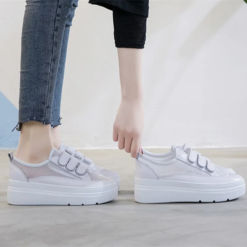 

2019 New Style Elevator White Shoes Women's Spring Korean-style Versatile Lace Mesh Velcro Hollow out Breathable WOMEN'S Shoes
