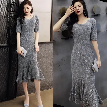

Skyyue Prom Dresses Gray Sequin Half Sleeve Elegant Mermaid Dress for Women K152 Tea-Length Prom Gowns Stylish O-Neck Party Gown