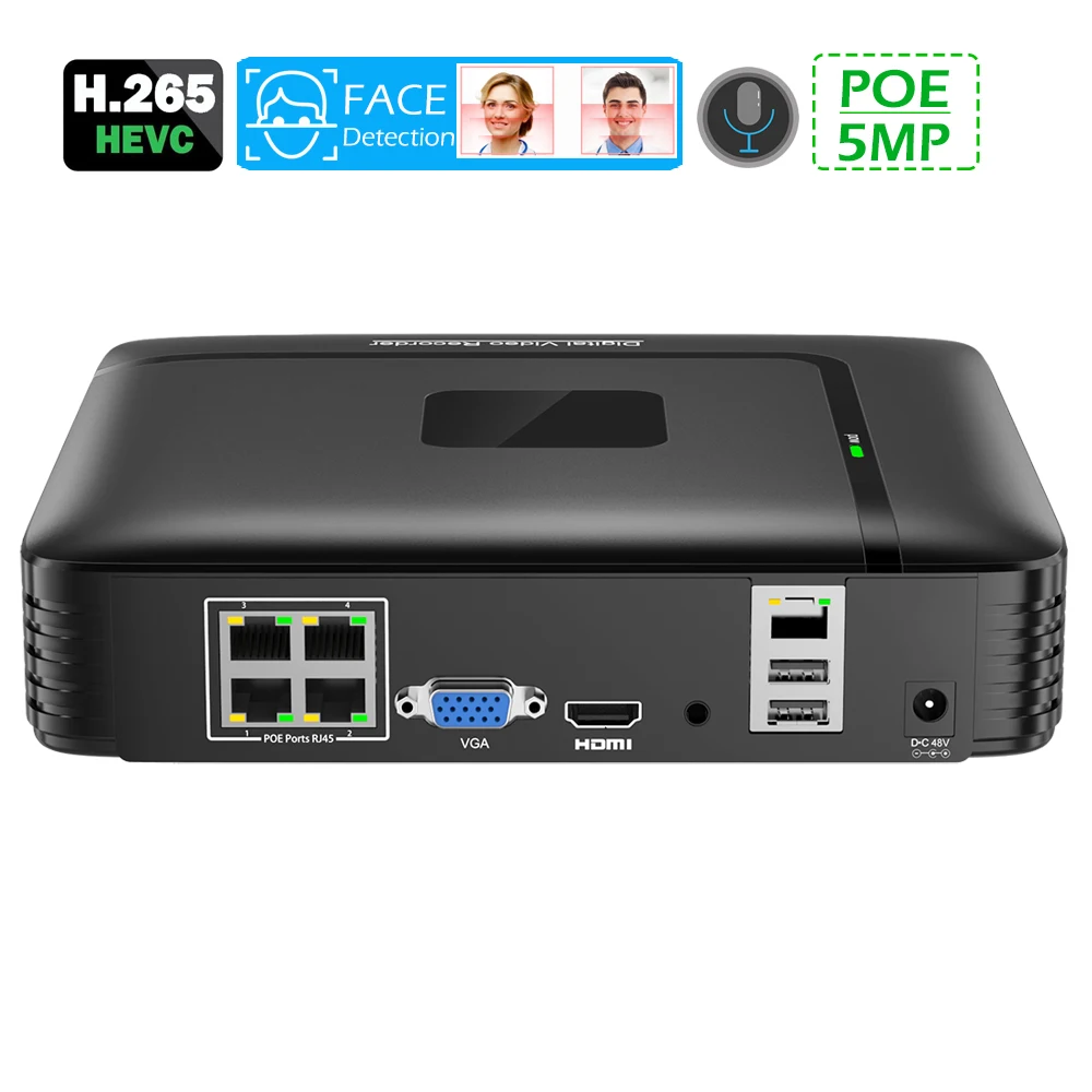 NVR PoE de 4 canales de vigilancia, NVR, 48V, PoE HI3536, 5MP, para H.264, H.265, cámara IP, HDD de 3,5 canales, 48V, POE, 3,5mm, detección facial de Audio