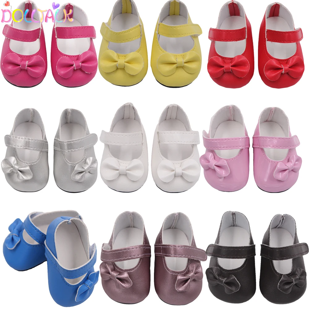 Hot Sale 7cm Bow-knot Doll Shoes For 18Inch American Dolls Pu Leather Velcro Shoes Fit 43cm New Baby 1/3 BJD DIY Dolls Gift 1