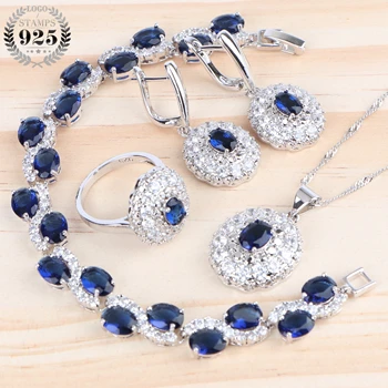 

Zirconia Wedding Bridal Jewelry Sets Women 925 Silver Jewelry Earrings Pendant Blue Stones Ring Bracelet Necklace Sets Jewellery