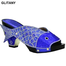 רויאל כחול צבע איטלקי נשים סנדלי נעל למסיבה אפריקאית חתונה נמוך עקבים להחליק על נשים משאבות חתונה באיכות גבוהה נעליים(China)
