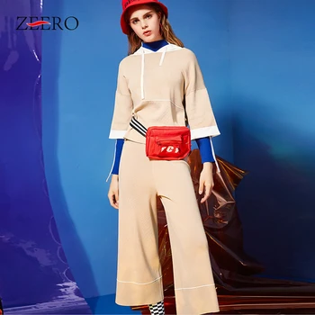 

2020 Tracksuit Spring Summer New Korean Hooded Ice Silk Sweater Knitted Loose Plus Size Wide Leg Pants Set Two Piece Suit Women