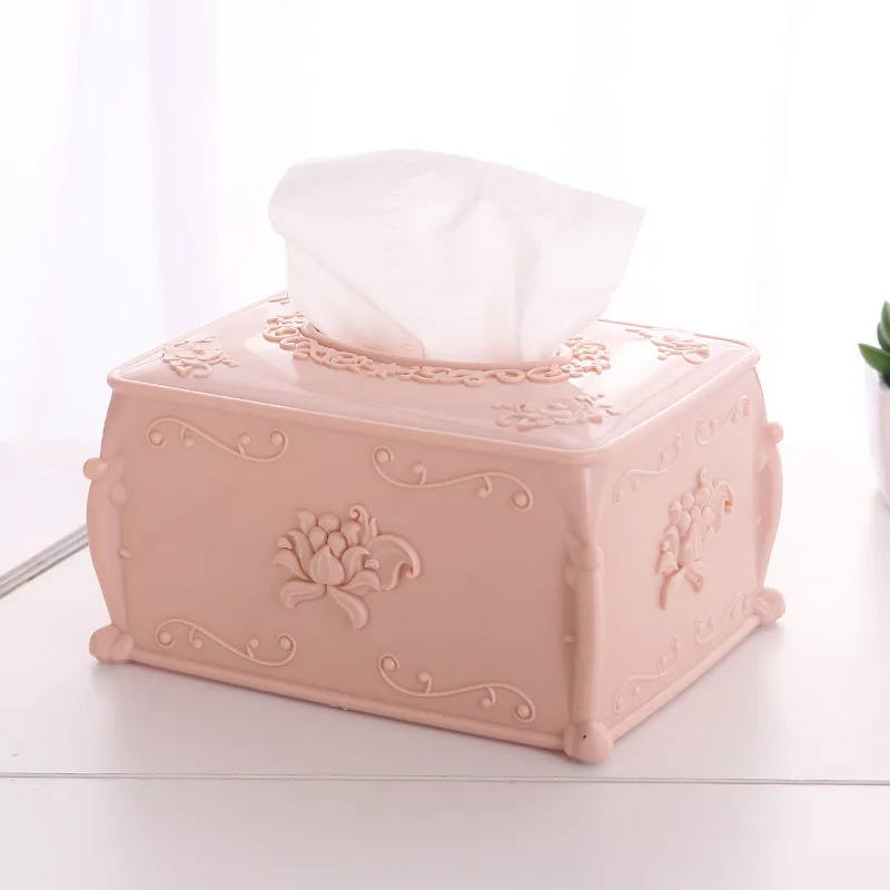 Rectangular tissue box Nordic color living room carved coffee table desktop roll paper storage box - Color: Pink
