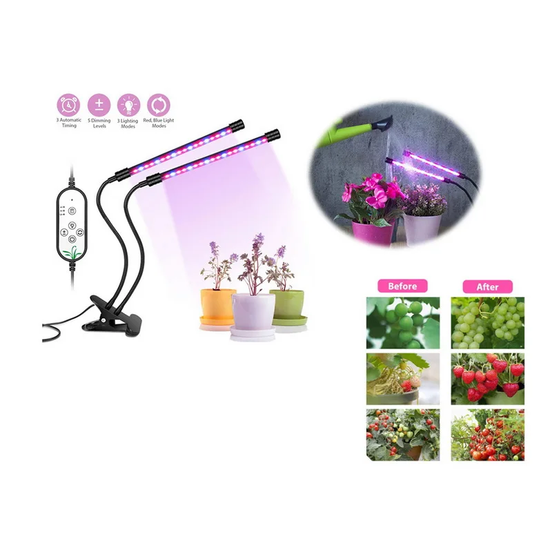 

Plant Growing Light Dual Heads Timing 36 LED 5 Dimmable Levels Grow Lights For Indoor Adjustable Gooseneck 18W 5 Switch Modes