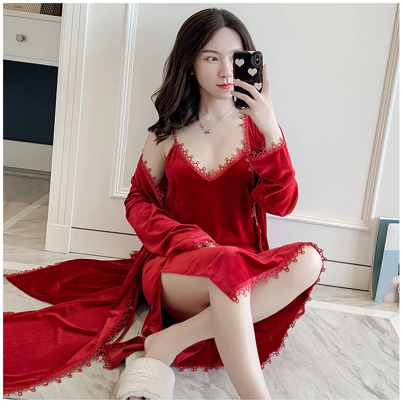 2PCS Robe Suit Velour Lady Kimono Bathrobe Gown Nightdress Velvet Lounge Autumn Winter Sleepwear Casual Sexy Warm Ngelihee