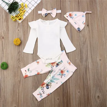 

0-24M 4pcs Newborn Set White Long Sleeve Bodysuit Baby Rompers Floral Print Pants Baby Set Hats Hairbands Baby Girls Clothes Set