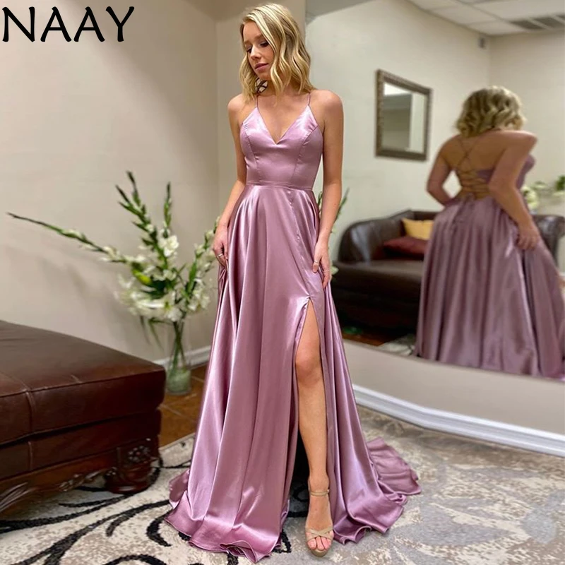 

NAAY New Gorgeous Sexy V-Neck Prom Dress Spaghetti Straps High Split A Line Floor Length Sleeveless Plus Size Party Dress