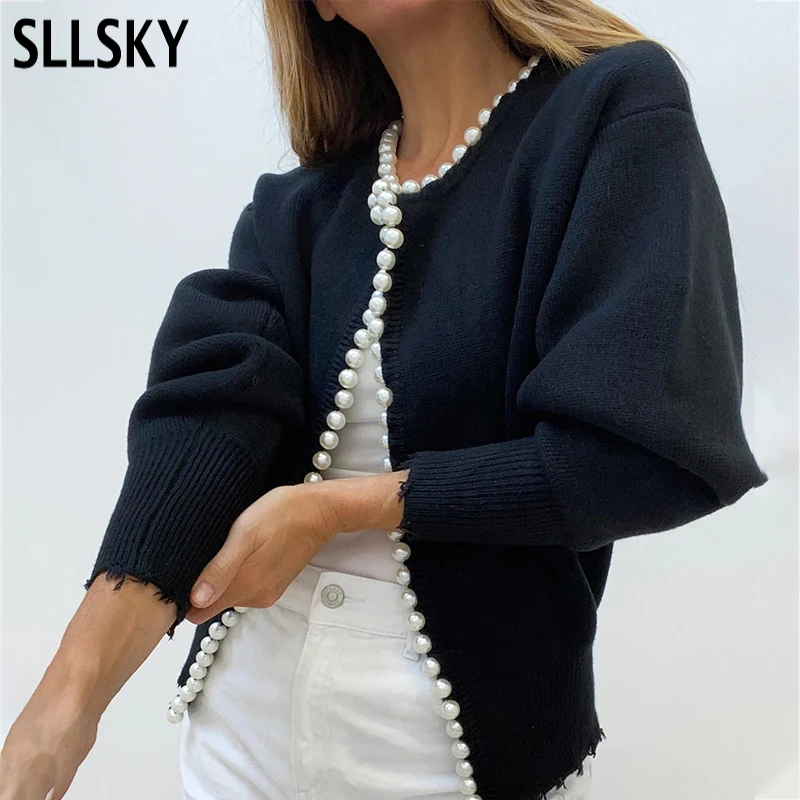 SLLSKY Elegant Pearl Buttons Black White Cardigans Women 2020 Autumn