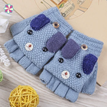 

High Qualitr Winter Warm Kids Boys Girls Cartoon Flip Top Knit Half Finger Gloves Mittens W118