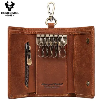 

Crazy Horse Leather Vintage Key Wallet Small Keychain Covers Zipper Car Key Case Bag Men Key Holder Housekeeper Keys Organizer