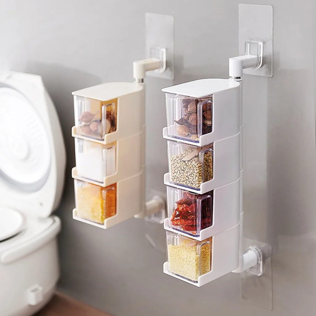 

Seasoning Storage Boxes Spice Jar Kitchen Wall Hanging Rotating Condiment Box Transparent Salt Pepper Cumin Powder Box Tools
