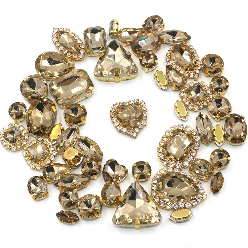

50pcs/Bag Light Coffee Mixed Shape Sew on Glass Rhinestone Gold Claw Crystal Buckle Diy Wedding Decoration Clothes/Shoe/Dress