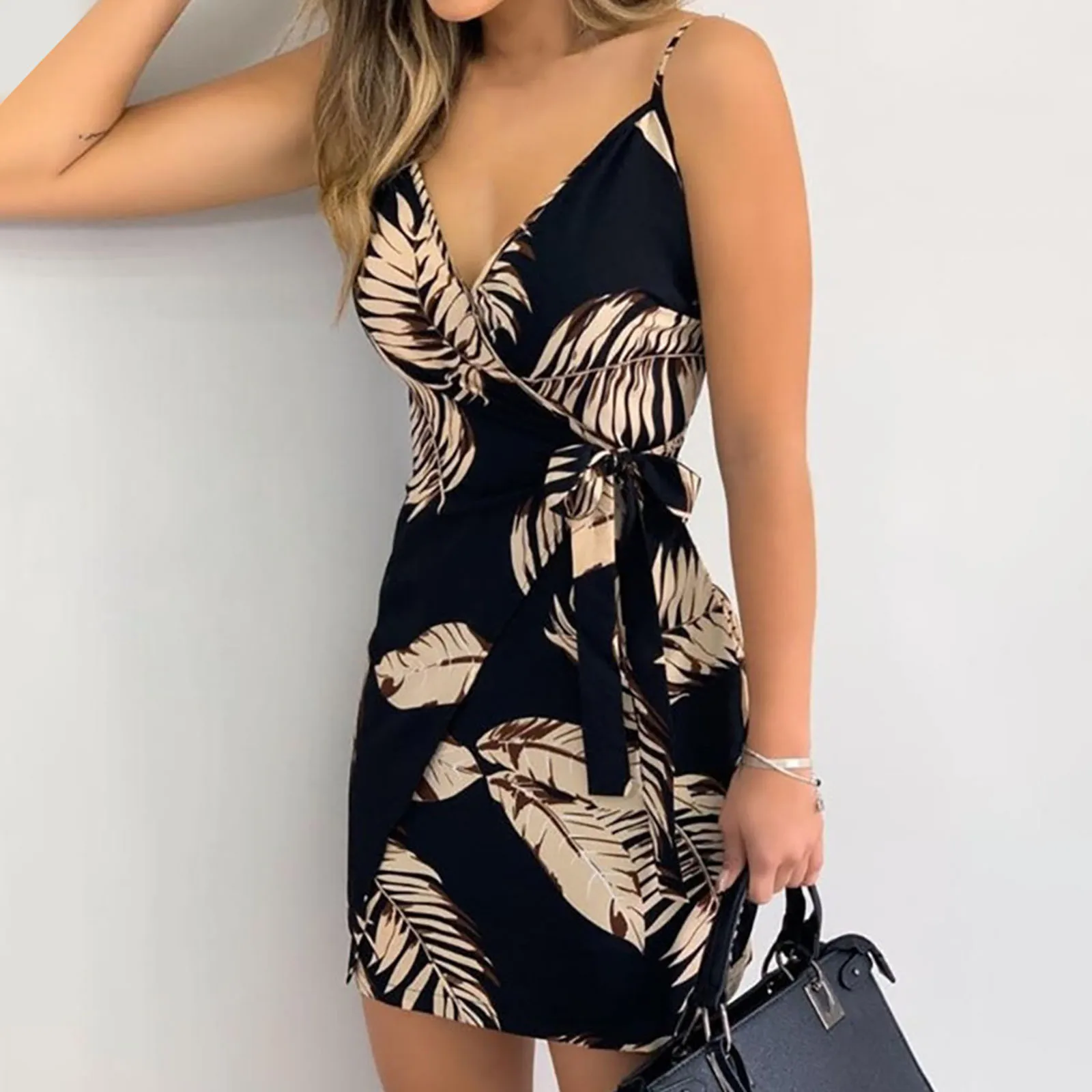 Women Bohe Spring Dress Sexy V neck Dresses Print Lace up Dress Sling Dress Backless Dress Strap Mini Dress Платье Женское