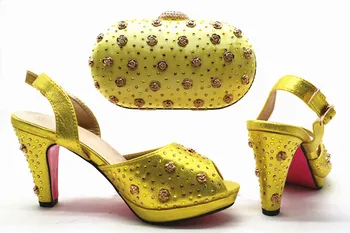 

Beautiful yellow sandals with bag high heel shoes and handbag set nice matching for lady dress GL9