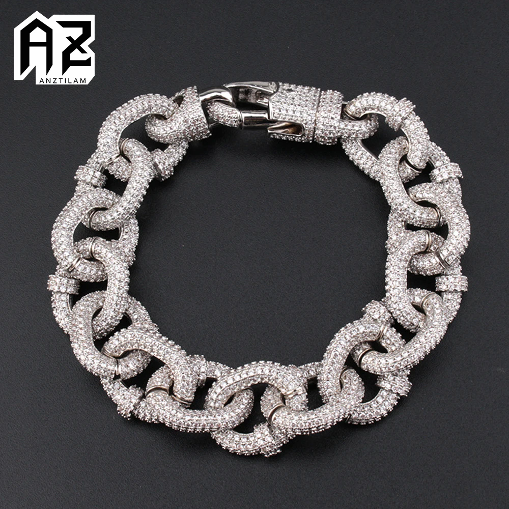 

AZ 17mm Iced Out O Cuban Link Chain Bracelets For Men Women With Bling Zircon Stone Hip Hop Miami Link Hand Chain Goth Jewelry