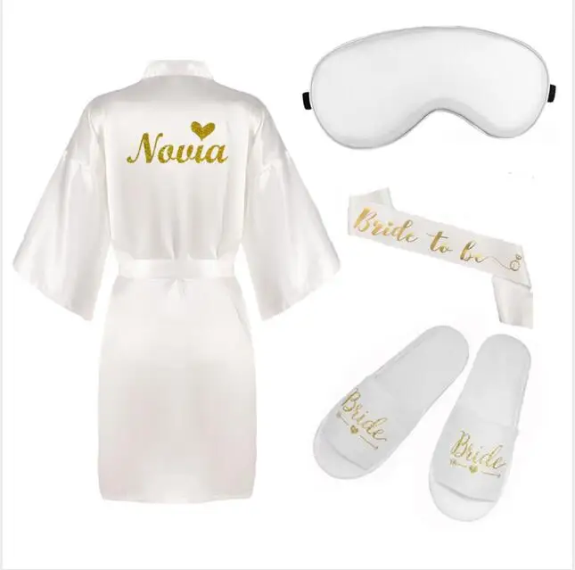 4pc set of bride robe eyemask slippers sash bridesmaid kimono wedding bridal party Bachelorette bathrobe getting ready robes