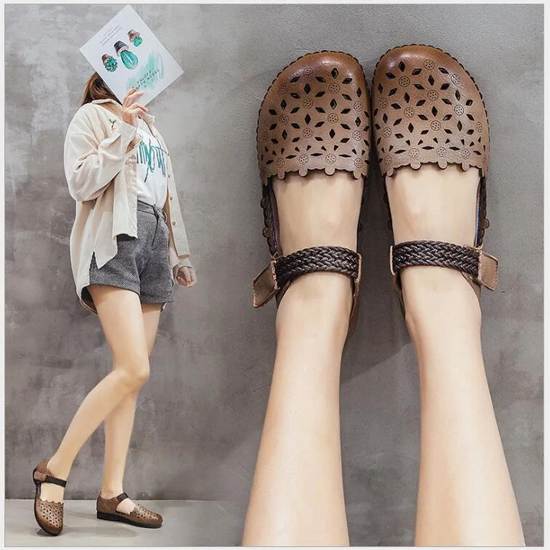 2020 New Womens Roman Hook&Loop Flat Sandals Closed Toe Summer Cowhide Gladiator Sandals Hollow Out Flats Female Shoes