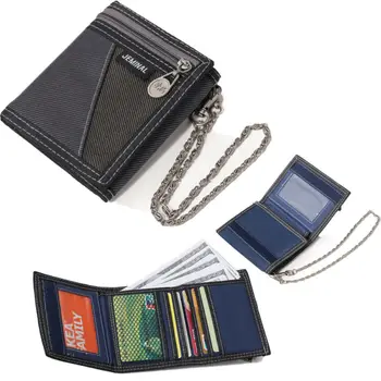 

Vintage Noble Men Wallet Gentleman Plain Canvas Tri-Fold Wallet Card Cash Coin Wallet Chain Quality Storage Bag Portable Handbag