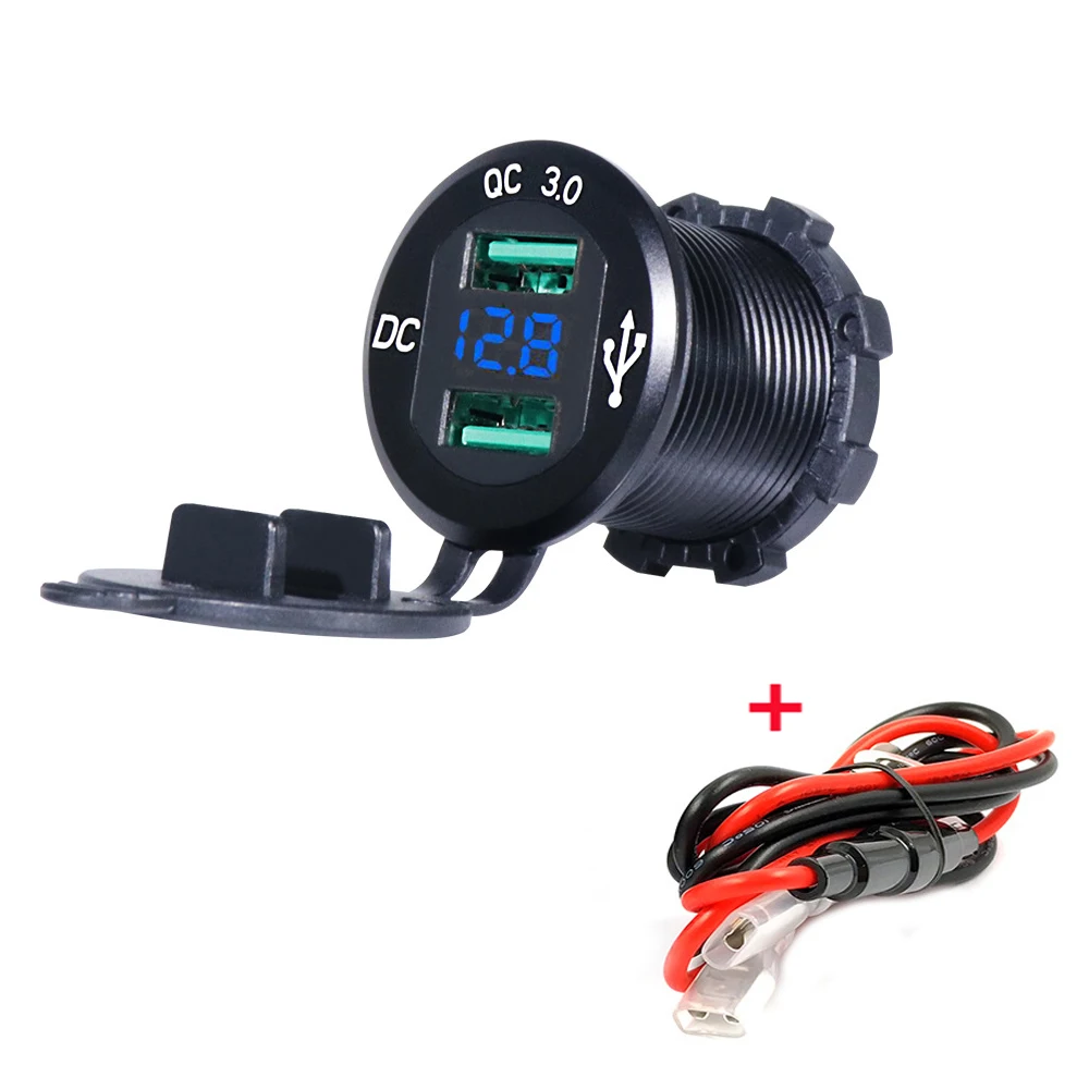 Comprar Cargador rápido 12 V 24 V 3,0 QC3.0 impermeable Dual USB cargador de coche voltímetro 60cm cable 10A fusible para coche barco motocicleta camión Golf