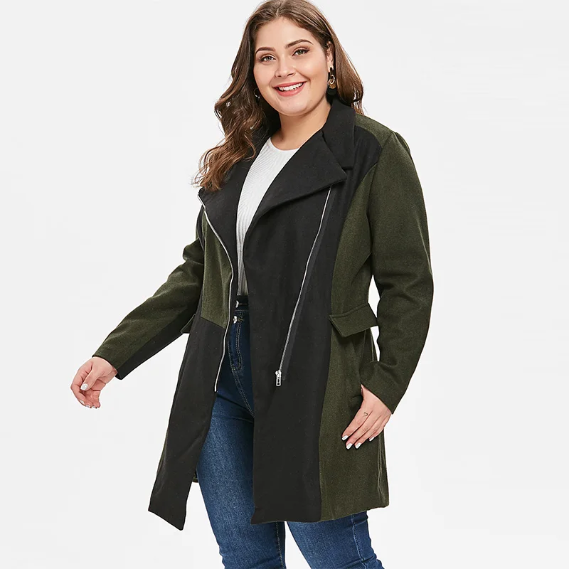 

ROSEGAL Large Size 5XL Two Tone Woollen Coat Long Sleeve Zippers Wool Women Winter Patchwork Long Coats Official Casual Jackets