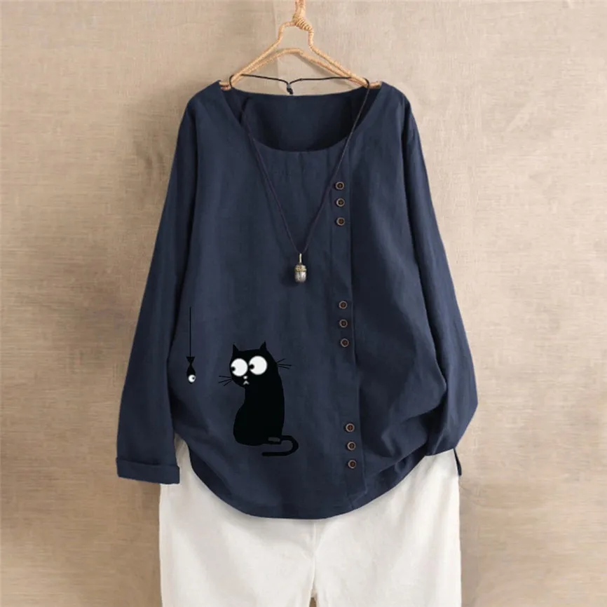 Plus Size Autumn Fashion Linen Cat Printed Blouse Casual Buttons Loose O-Neck Top Female Women Long Sleeve Shirt Blusa Pullover