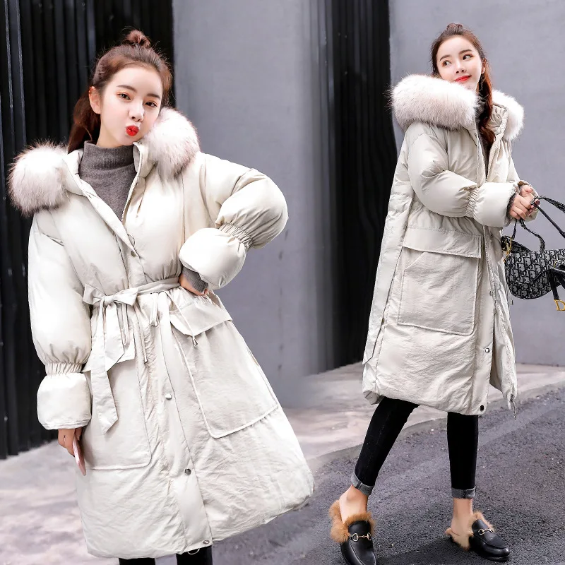 

Cotton-padded Clothes/Cotton Coat 2019 Winter Slim Fit Slimming Mid-length with Fur Collar Hooded Zipper Lace-up
