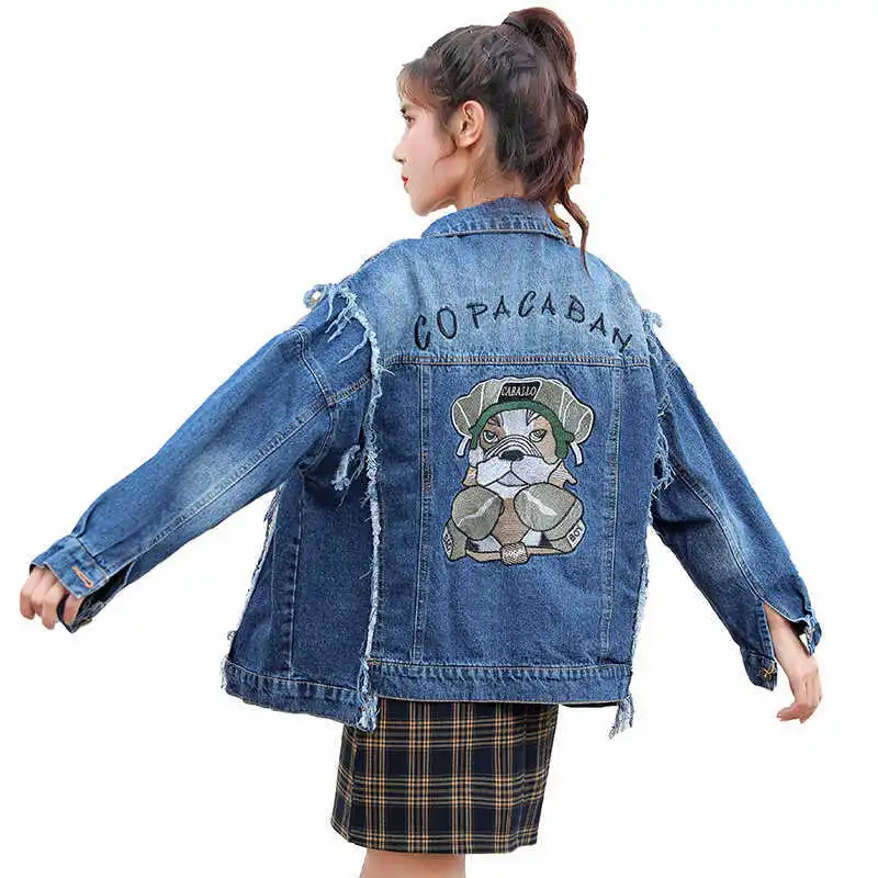 price reduction Fashion Frayed Hole Cowboy Denim Jeans Jacket Embroidery Women Loose Coat Female Autumn Chaqueta Mu