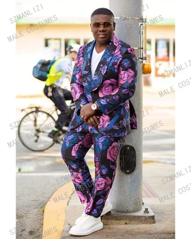 

Trajes De Hombre Coat Pants Suits For Men 2020 Wedding Dress Purple Big Floral 2 Pieces Set Tuxedo Groom Wedding Suits For Men