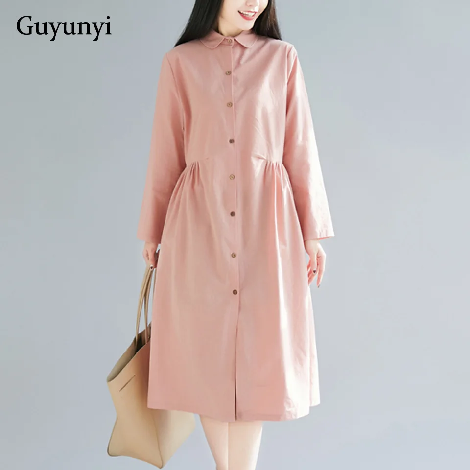 

Plain Color Vintage Dress 2019 Autumn Simple Draped Loose Casual Shirt Dress Long Sleeve Cotton Linen Dress Women
