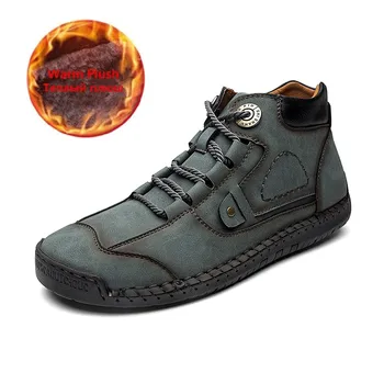 

Men 2020 Autumn Winter Boots Men's Flat Bottom Ankle Fur Boots Non-slip Chelsea Boots Men PU Leather Waterproof Shoes