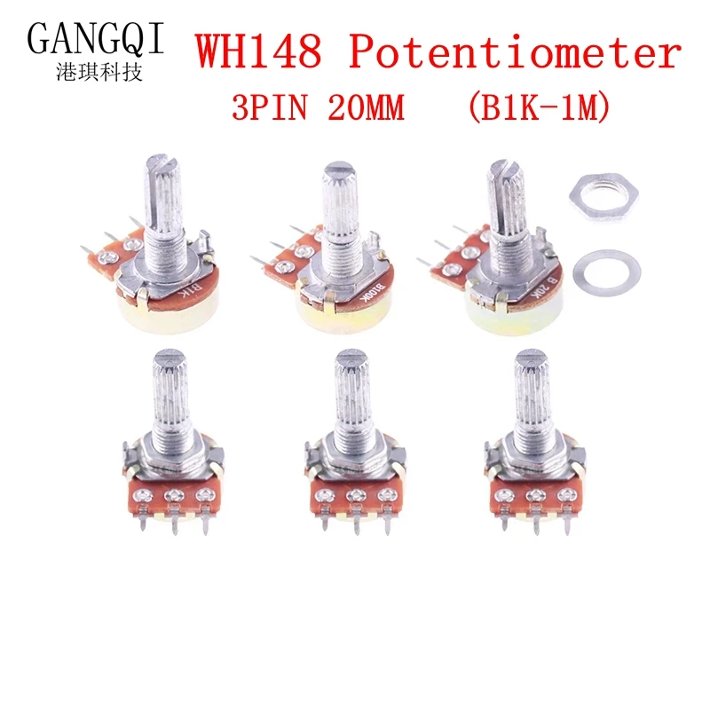 5pcs WH148 3PIN 20MM Single Couplet Potentiometer With Nuts B1K B2K B5K B10K B20K B50K B100K B250K B500K B1M 1K 2K 5K 10K 100K