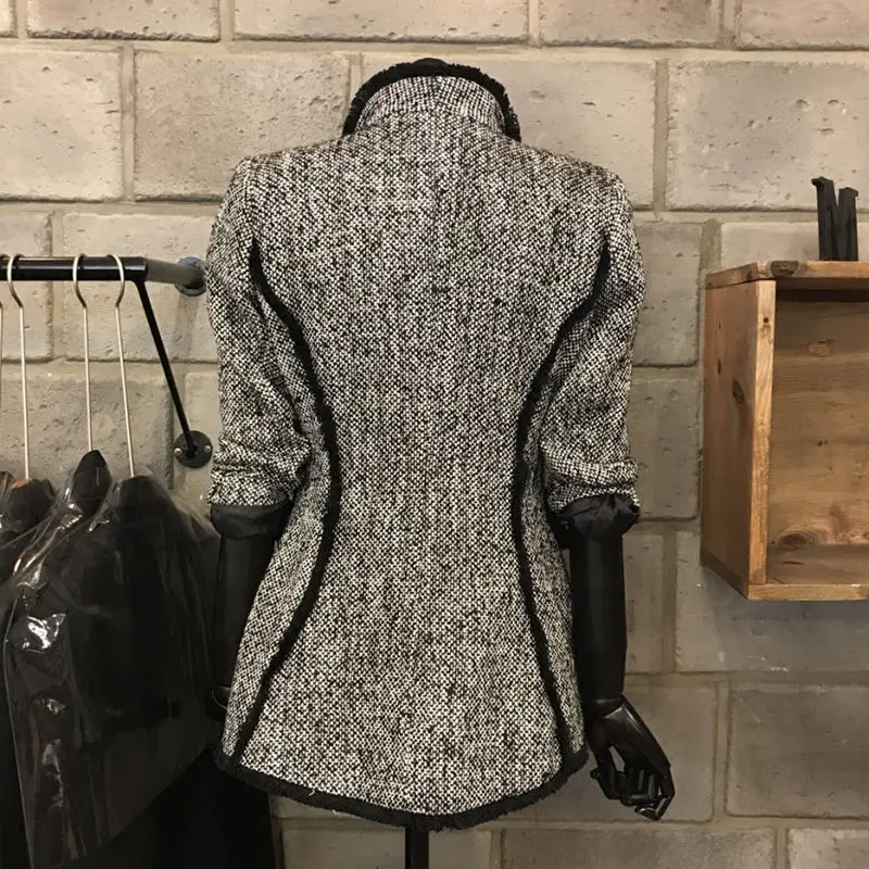 Темпераментное серое шерстяное пальто для женщин, осень, шикарный пиджак, женское тонкое короткое клетчатое шерстяное пальто, универсальная верхняя одежда f1738
