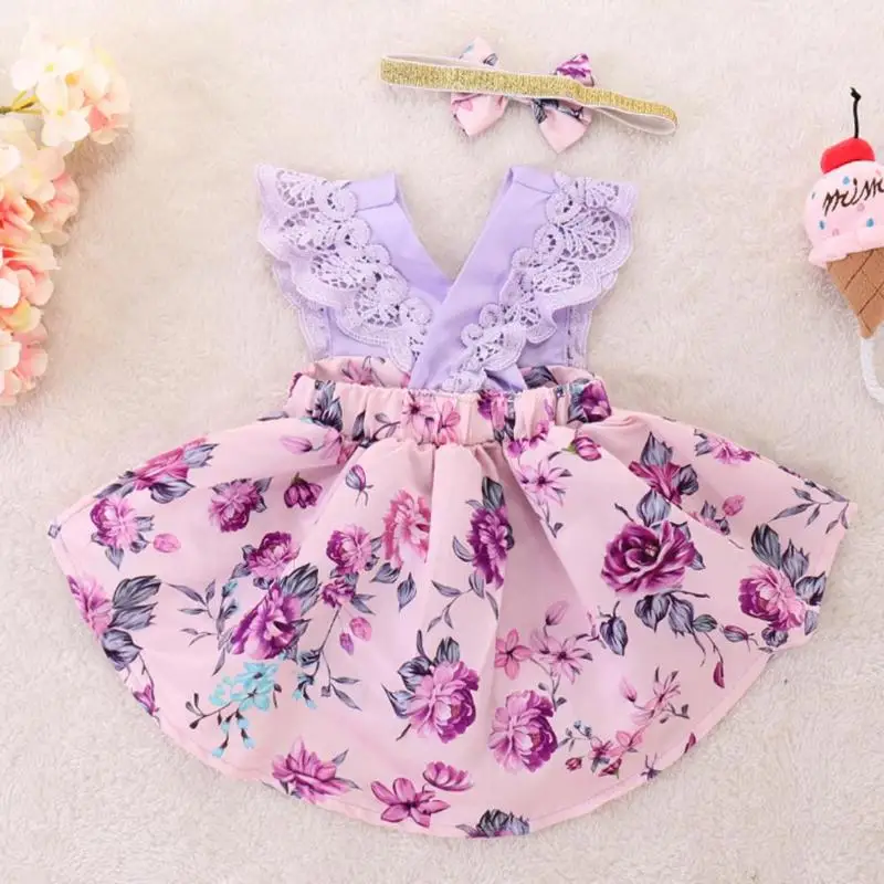 Newborn Infant Baby Girls Dress Floral Sleeveless Dress+Headband 2pcs summer Outfits Set Clothes For 0-24 Month