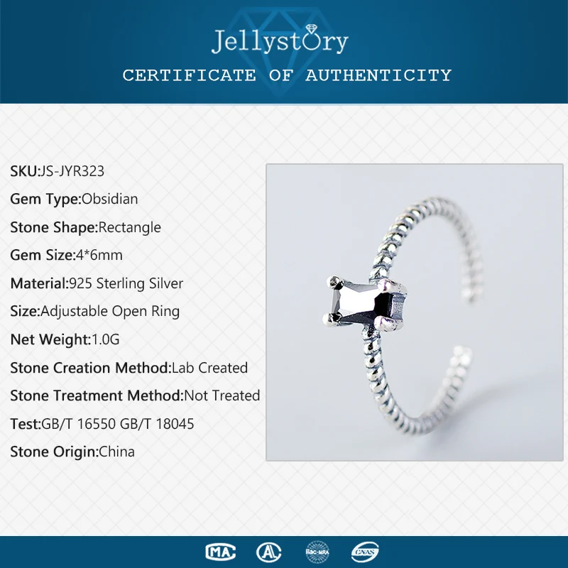 Jellystory, корейское стильное регулируемое Открытое кольцо, 925 серебряные кольца с прямоугольным обсидиановым драгоценным камнем, Свадебные обручальные ювелирные изделия, подарки