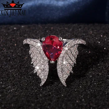 

2020 new luxury noble inlaid pomegranate Ruby Angel Wings Ring women elegant cool style romantic unique brand jewelry