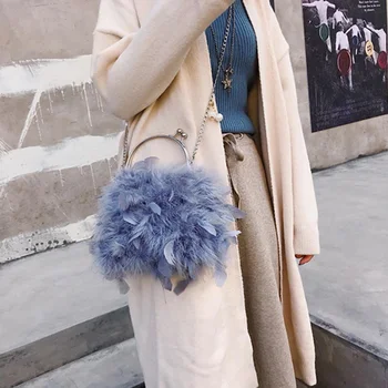 

1 PC Mini Round Ostrich Feather Shoulder Bag Pearl Chain Top-handle Bag Women Girls Crossbody Messenger Shoulder Bag Dropship