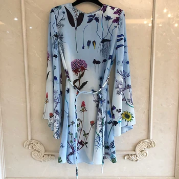 

Summer Women Dress Elegant Boho O-neck Long Flare Sleeve Dress Ladies Floral Print Party Dress