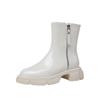 

Concise Genuine Leather Thick high Heels Women Winter Boots Leather Round Toe women Pumps Side Zipper Office Lady Shoes Woman