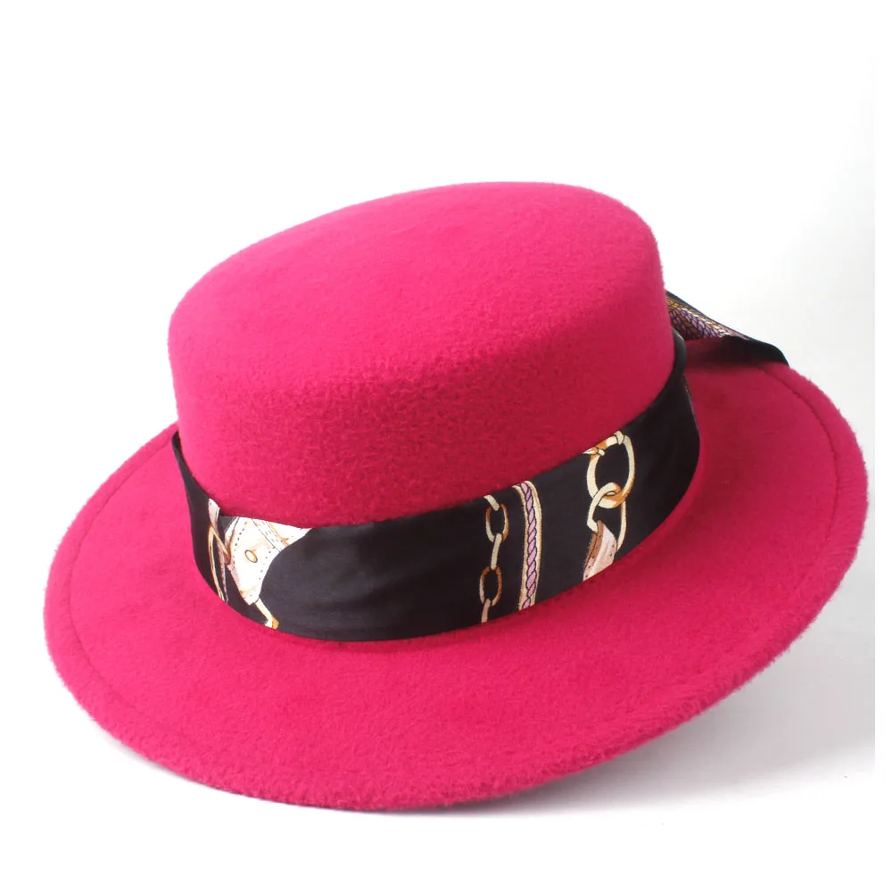 Мужская и Женская шерстяная шляпа с плоским верхом, вечерние шерстяные шляпы, шляпа из Трилби, шляпа из свинины, джазовая шляпа, размер 56-58 см - Цвет: Rose Red