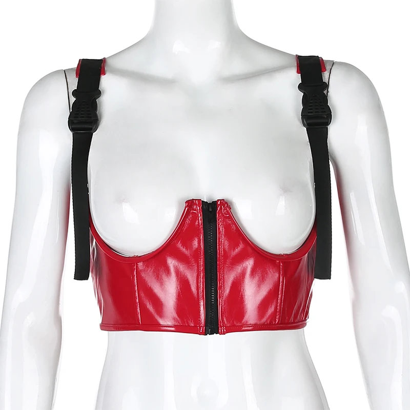 Darlingaga Streetwear Punk PU Leather Crop Top Women Buckle Zipper Gothic Tank Top Suspenders Strap Summer Tops Camisole Clothes