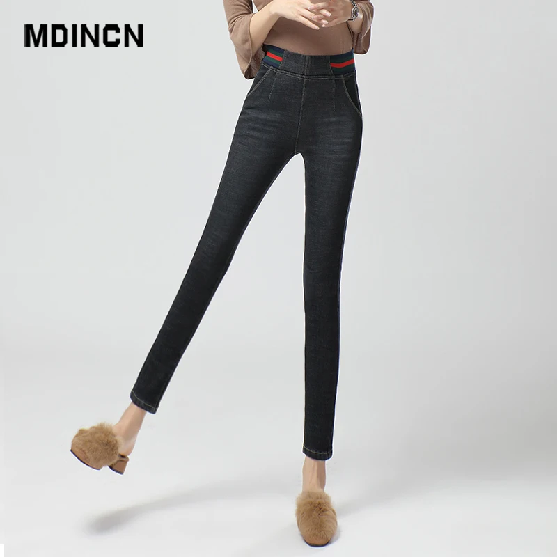 MDINCN черные джинсы женские зимние новые эластичные с высокой талией стройнящие эластичные штаны плюс бархатные