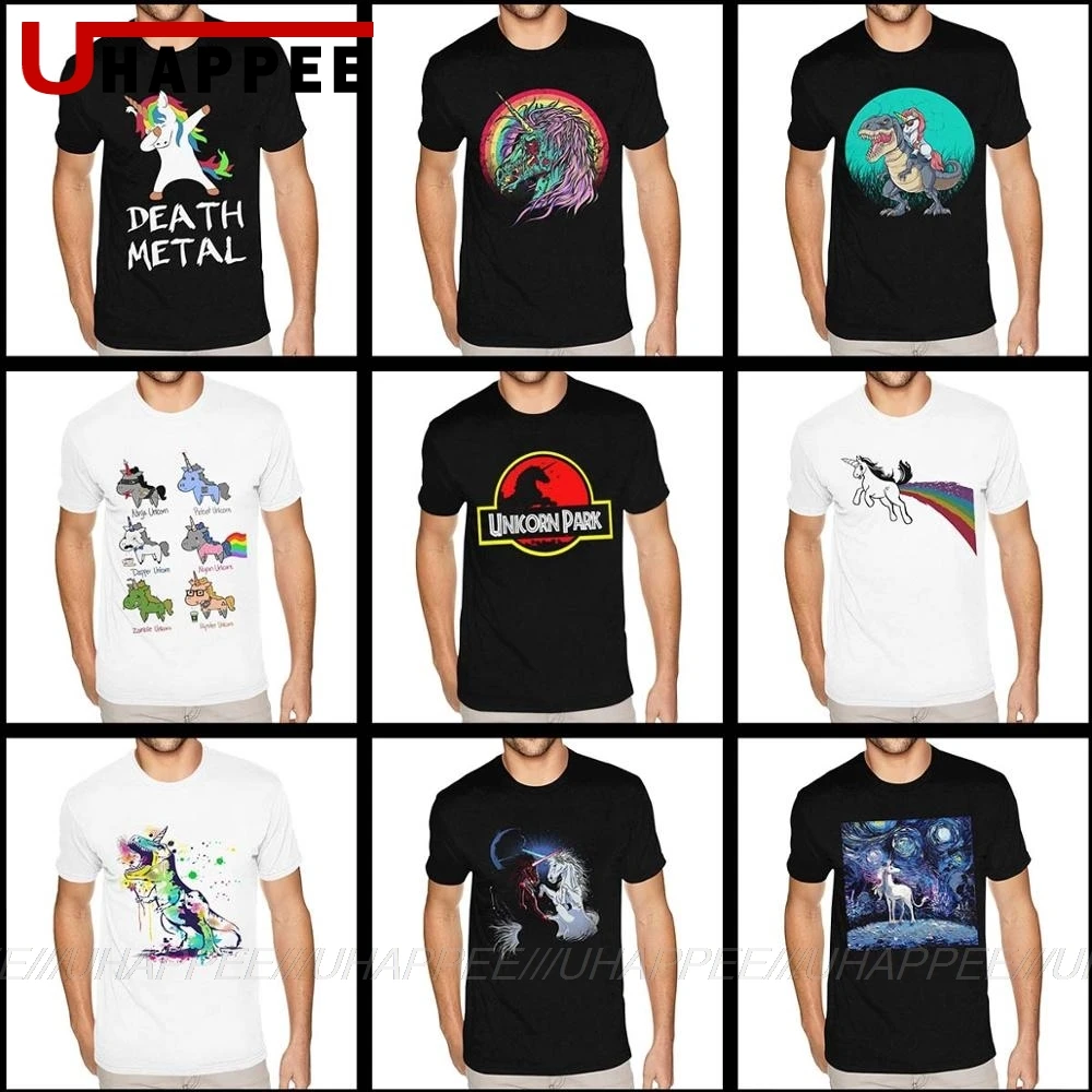 

Customized Design Unicorn T-Shirts Men's Funny Unicorns Park Wars Zombie Riding Dinosaur Rainbow Death Metal Shark Tees