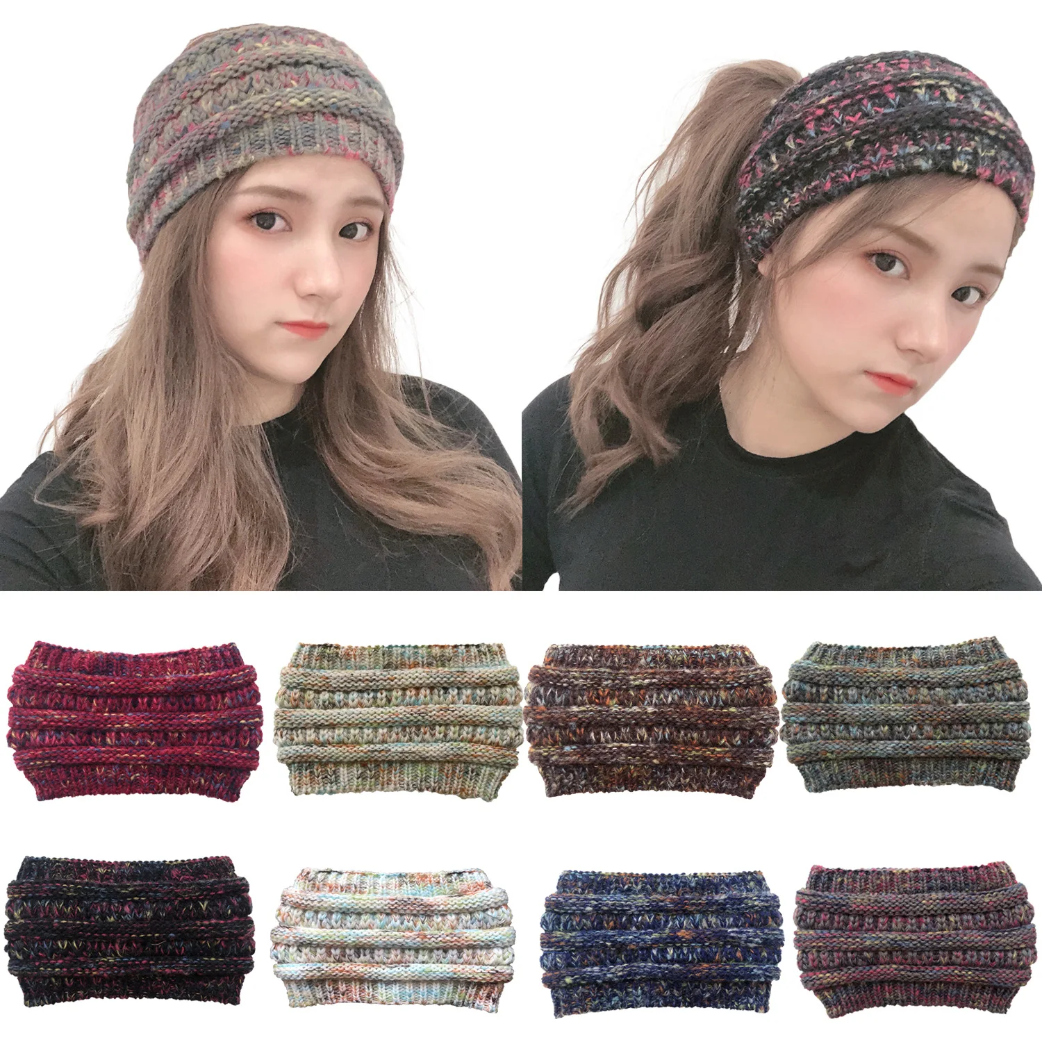 

2019 New Street Style Autumn Winter Fashion Knitted Yarn Colorful Knit Ponytail Hat Hair Band Woollen Warm Cap