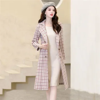 

Woolen Jacket Female 2019 Autumn And Winter New Korean Version The Self-cultivation Coat Houndstooth Over the Knee Warm Parkas