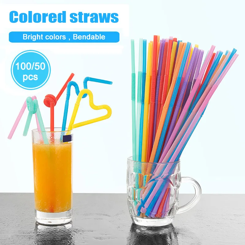 50/100pcs Disposable Plastic Straw Colored Straws DIY Bendable Flexible