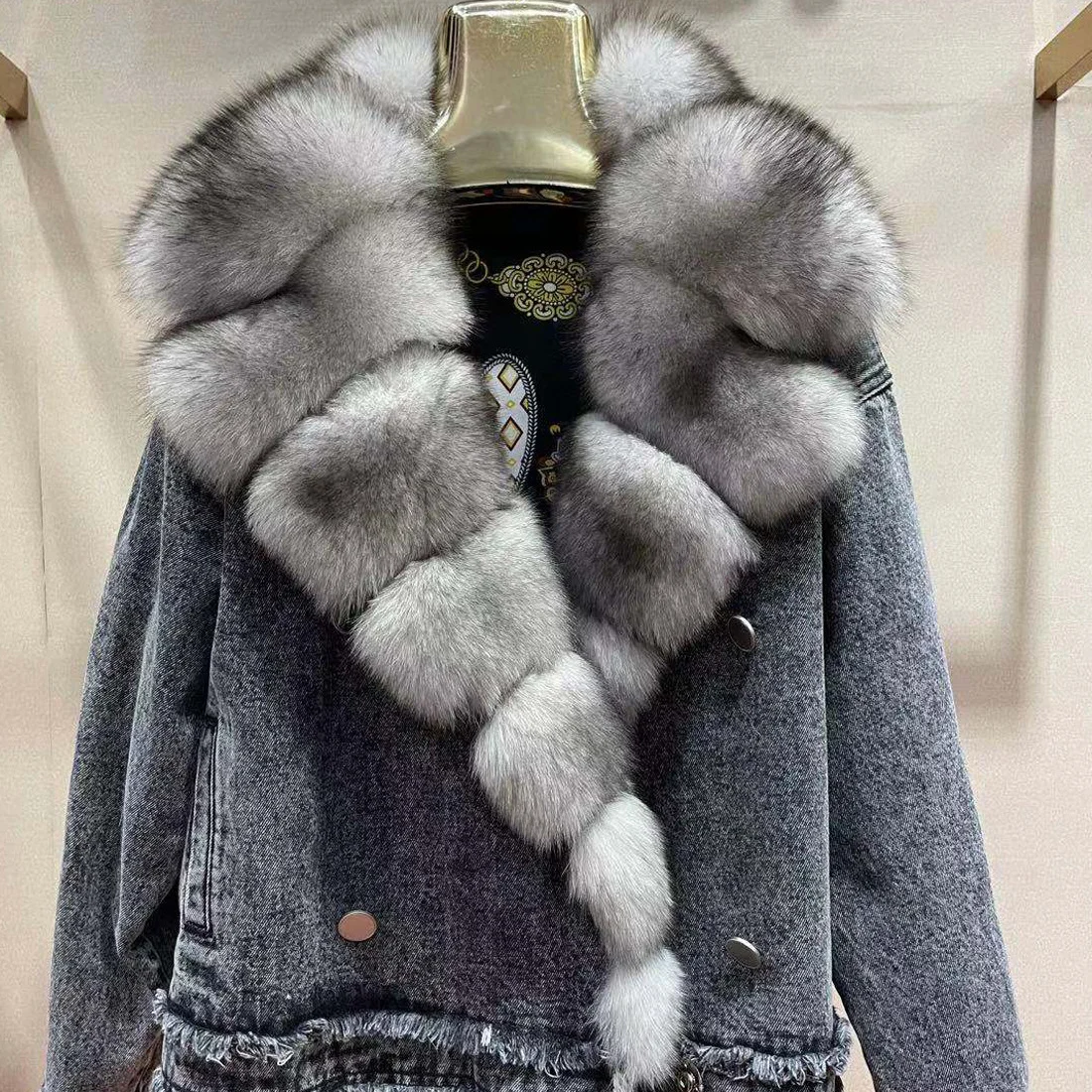 Denim Coat with Real Large Fox Fur Collar for Women, Furry Jacket, Fluffy Suit, Luxurious Brown and Yellow Coat, Winter Fashion